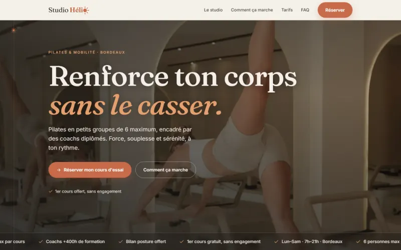 Page d'accueil de la maquette du Studio Hélio, studio de Pilates fictif à Bordeaux